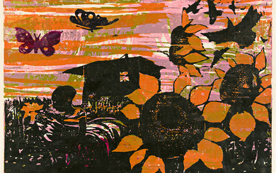 WALTER WILLIAMS (1920 - 1988) Sunflowers. Color woodcut on thin imitation Japan paper...