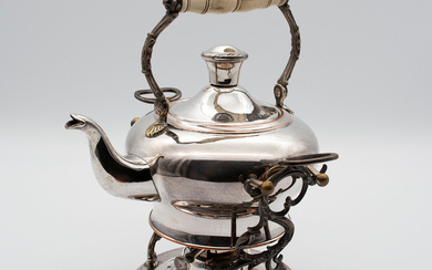 WMF TEAPOT WITH WARMER, HALLMARKED, ANTIQUE, AROUND 1910, SILVER-PLATED COPPER, HANDLE LEG.