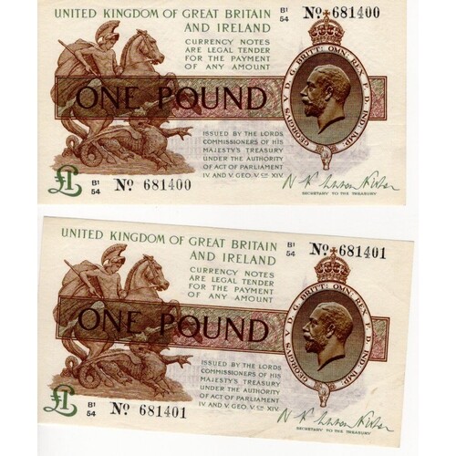 Warren Fisher 1 Pound (2) issued 1923, a scarce consecutivel...