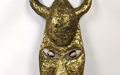 Welded and Hammered Mask Sculpture. Horned mask set wit