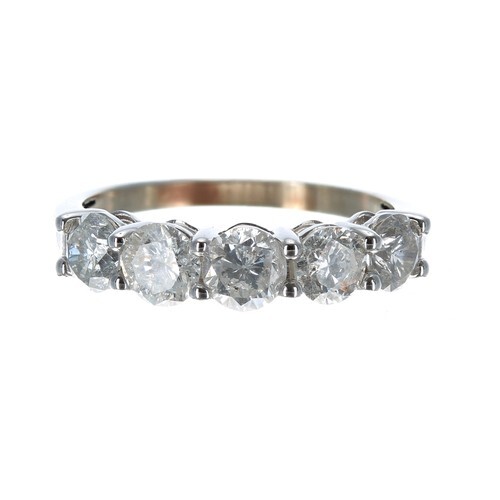 White gold five stone diamond ring, round brilliant-cut, est...