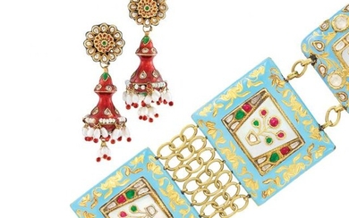 Wide Indian Gold, Enamel and Foil-Backed White Sapphire and Simulated Stone Bracelet and Pair of Fringe Earrings