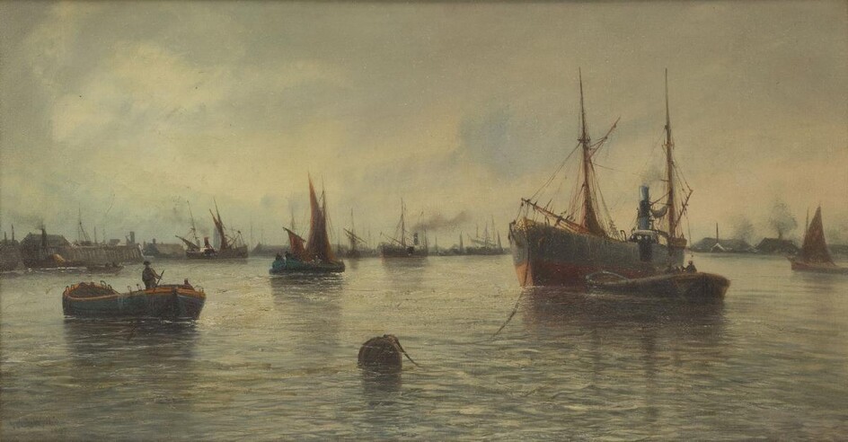 William Lionel Wyllie, RA, RBA, RE, RI, NERC, British 1851-1931- The busy Thames; oil on canvas, signed and dated 'W. L. Wyllie / 1897' (lower left), further signed and titled on the reverse, 30.5 x 61 cm. Provenance: Private Collection, UK. Note:...