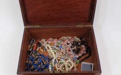Wooden work box containing vintage costume jewellery