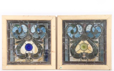 pair of Art Nouveau leaded stained slag glass square pub windows with scroll and spiral motif. 28"H