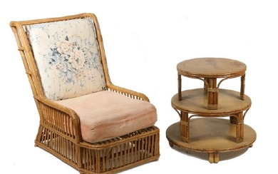 1930S RATTAN WINGCHAIR AND THREE-TIER STAND