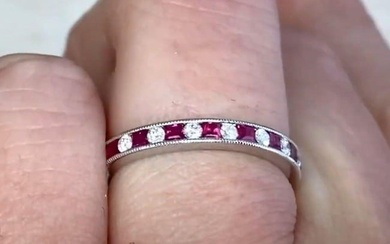 0.18ct Diamond & 0.42ct Natural Ruby Band Ring, 14k White Gold