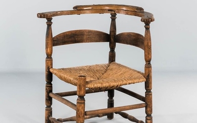 Turned Slat-back Corner Chair, probably Massachusetts, 18th century, the curved backrest continuing to shaped arms above turned posts a