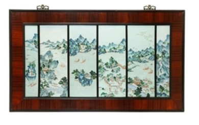 A CHINESE FAMILLE ROSE SIX-PANEL PLAQUE.