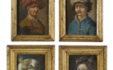 Painter unknown, 17th century: Four miniature portraits. Unsigned. Two oil on cardboard and two oil on paper. Two with old coat of arms. C. 8 x 6 cm each. (4).