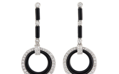 Pair of White Gold, Diamond and Black Onyx Pendant-Earrings
