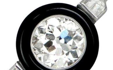 1.24 Carat Old Euro-Cut Diamond Ring, Onyx Halo, Platinum