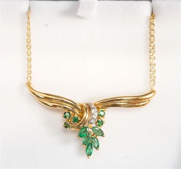 14-Karat Yellow-Gold, Emerald and Diamond Necklace, 5.9 gross dwt, L: 16-1/2 in