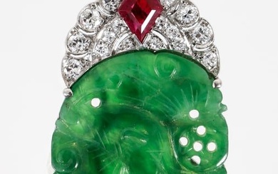 14K Carved Jade Diamond Ruby Pin