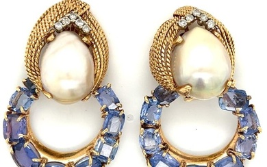 14K Yellow Gold Ceylon No-heat Sapphire and South Sea Pearl Earrings