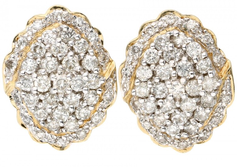 14K. Yellow gold entourage earrings set with approx. 1.06 ct. diamond.