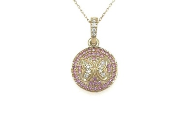 14KT YELLOW GOLD PINK SAPPHIRE AND DIAMOND BUTTERFLY PENDANT