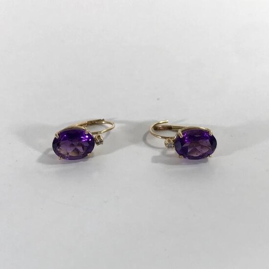 14k Yellow Gold Real Amethyst and Diamond Stud Earrings