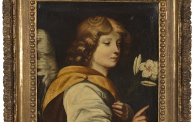17th century Italian old master painting of a winged saint holding a lily. Oil on canvas. Framed.