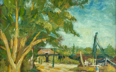צבי שור (1898-1979) - נוף כפרי, שמן על קרטון, מדיות...