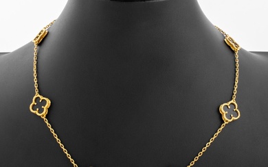 18K Yellow Gold Onyx Alhambra Style Necklace