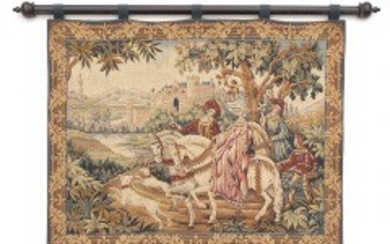 1918/104 - Machine tapestry in classical Goblin style with "Royal Hunt", background with castle. 20th century. 98 x 117 cm.