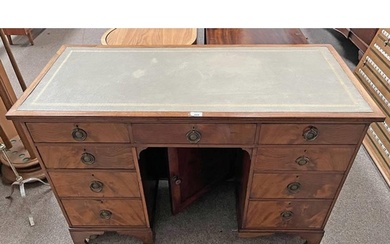 19TH CENTURY MAHOGANY KNEE HOLE DESK WITH LEATHER INSET TOP,...
