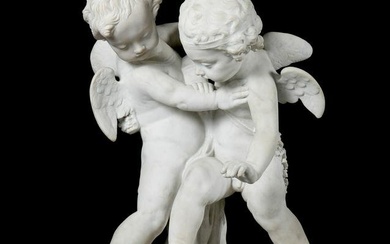 19th C. Carved Marble Eros and Anteros Sculpture