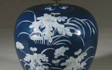 19th C. Deep Blue Glaze Ginger Jar With White Leaf