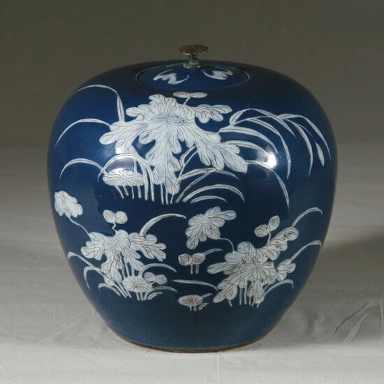19th C. Deep Blue Glaze Ginger Jar With White Leaf