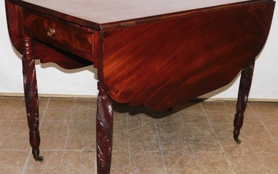 19th C Mahogany Acanthus Leaf Carved Pembroke One Drawer Table