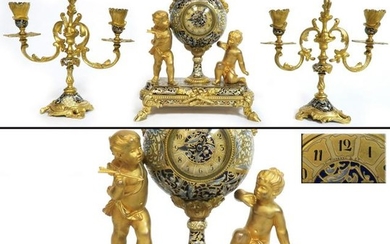 19th C. Tiffany & Co Gilt Bronze Champleve Clock Set