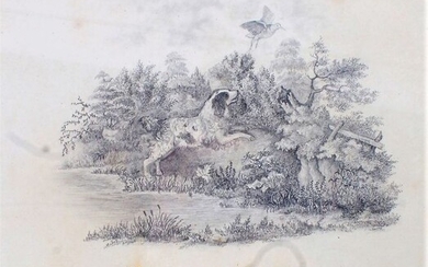 19th century English School, pencil study of a dog chasing a bird, with text written in ink below