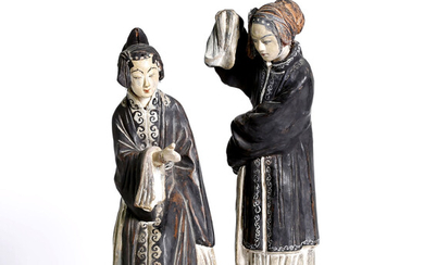 2 Chinese, Qing dyn. hand painted ceramic figures