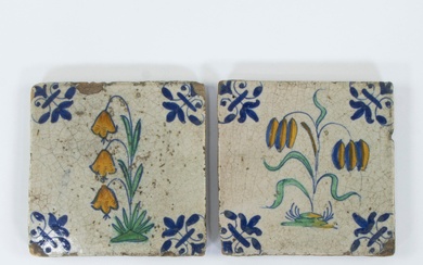 2 antique Delft tiles with decor of lapwing flower and narcissus, Holland, 17th century