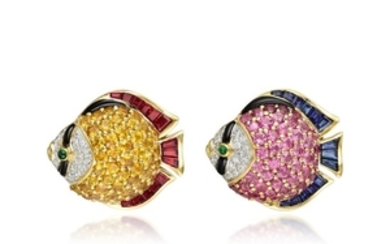 A Pair of 18K Gold Sapphire Ruby Diamond and Emerald Fish Pin/Pendants