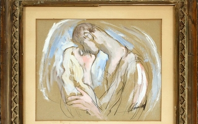 HAROLD COHN AMER MICH 1908 1982 GOUACHE CHARCOAL ON PAPER 9.25 11 EMBRACING COUPLE