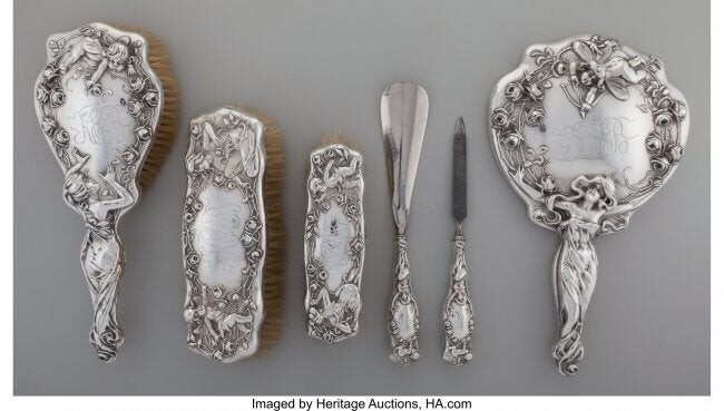 27104: An American Art Nouveau Silver Vanity Set, early
