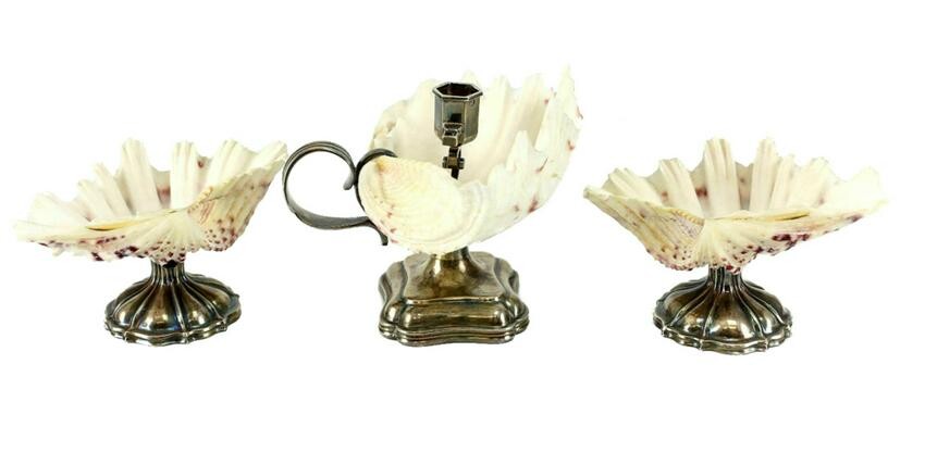 3 Dutch Silver & Shell Candlestick Footed Shell Bowls
