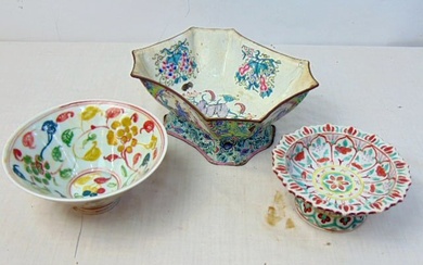 3 pieces of Asian porcelain & enamel, includes 2 small porcelain bowls, & enameled bowl, enamel as