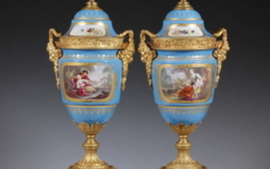 PR OF SEVRES STYLE URNS ON WOODEN BASES