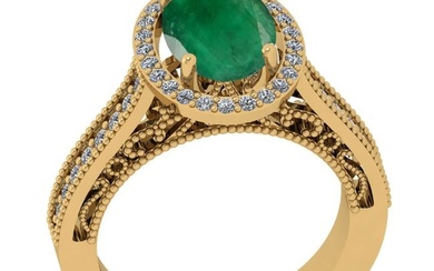 3.40 Ctw VS/SI1 Emerald And Diamond 18K Yellow Gold Vintage Style Ring