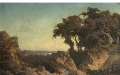 Giuseppe Camino ( Torino 1818 - Caluso 1890 ) , "Paesaggio" olio su tela (cm 104x142) Firmato in basso a sinistra (difetti) In cornice