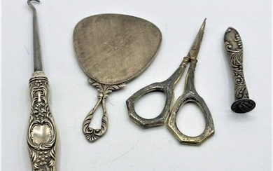 [4] Assorted Sterling Button Hook, Stamp, Hand Mirror