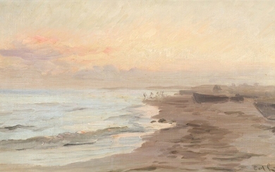 Carl Locher: Sunset over Skagen. Signed Carl Locher. Oil on canvas. 28×48.5 cm.