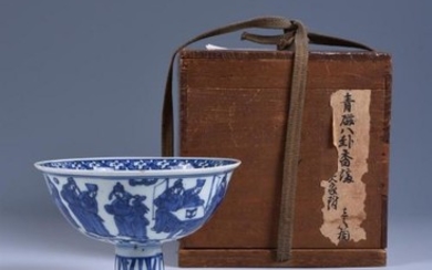A Chinese blue and white 'Eighteen Scholars' stem cup