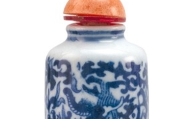 CHINESE BLUE AND WHITE PORCELAIN SNUFF BOTTLE In cylindrical form, with dragon and vine design. Height 2.7". Stone stopper.
