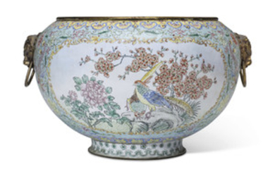 A CHINESE LARGE ENAMEL-ON-COPPER TURQUOISE-GROUND JARDINIÈRE, 20TH CENTURY