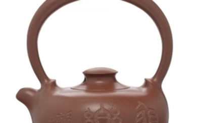 A COMPRESSED YIXING TEAPOT AND COVER WITH INSCRIPTIONS, 'OVERHANDLE', YAO ZHIYUAN (B. 1971), DATED 1992