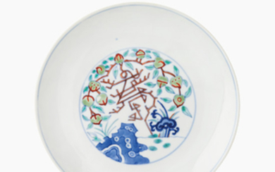 A doucai ‘shou and peach’ dish, Tongzhi six-character mark and of the period.